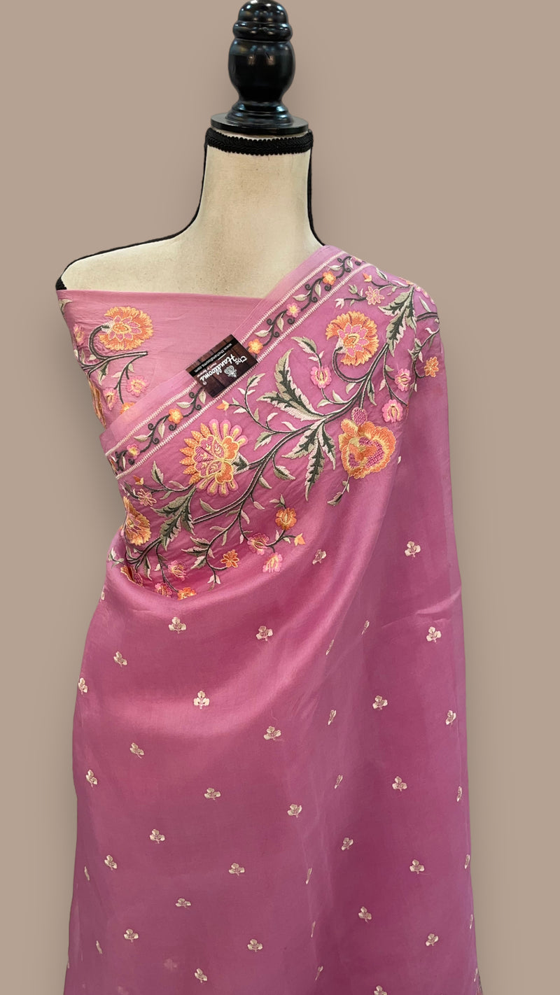 Pink Pure Organza Chikankari Handloom Banarasi Saree - The Handlooms