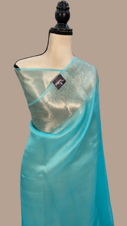 Sky Blue Pure Kora Handloom Banarasi Saree - The Handlooms