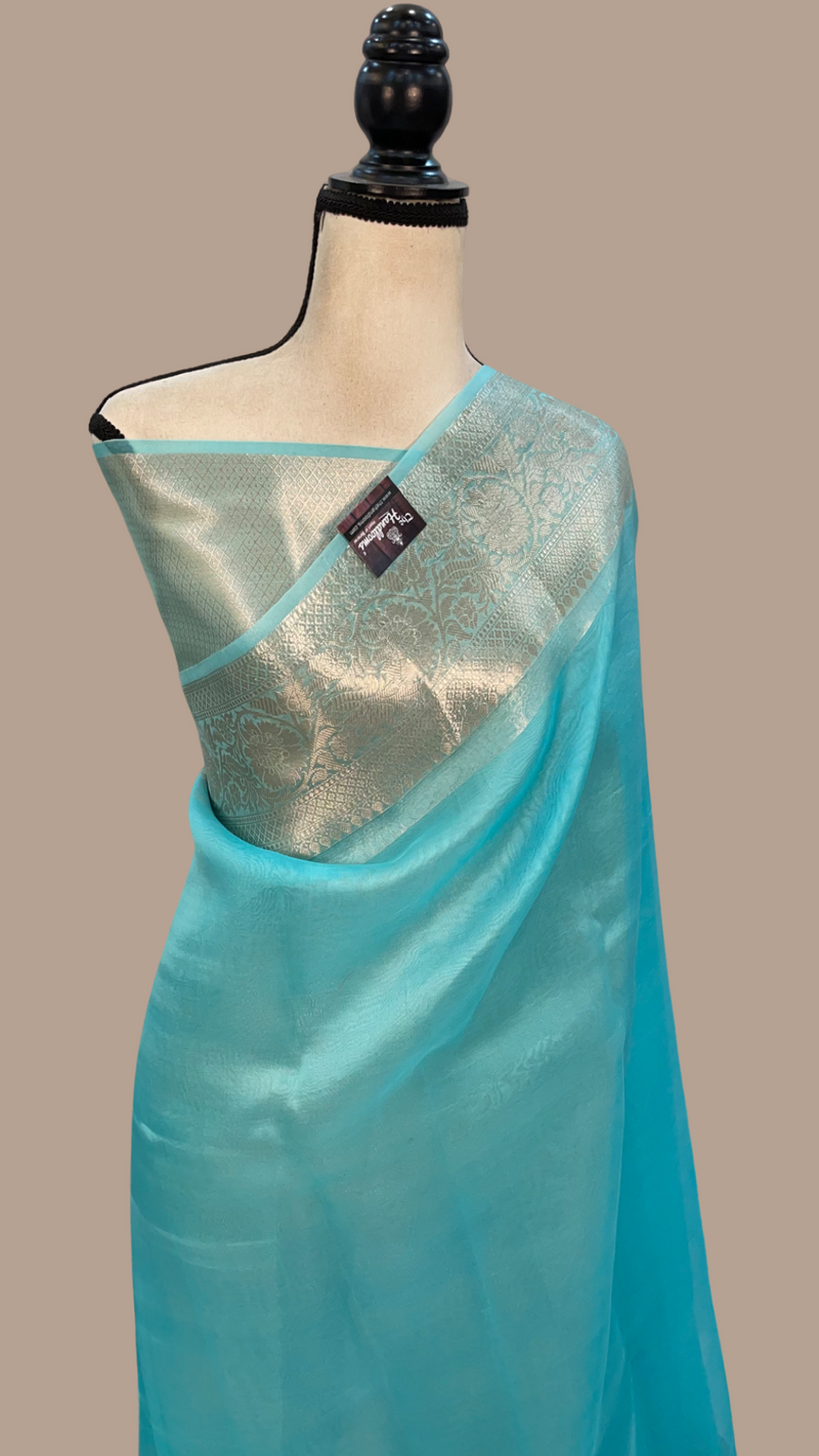 Sky Blue Pure Kora Handloom Banarasi Saree - The Handlooms