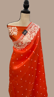 Orange Pure Organza Chikankari Handloom Banarasi Saree - The Handlooms