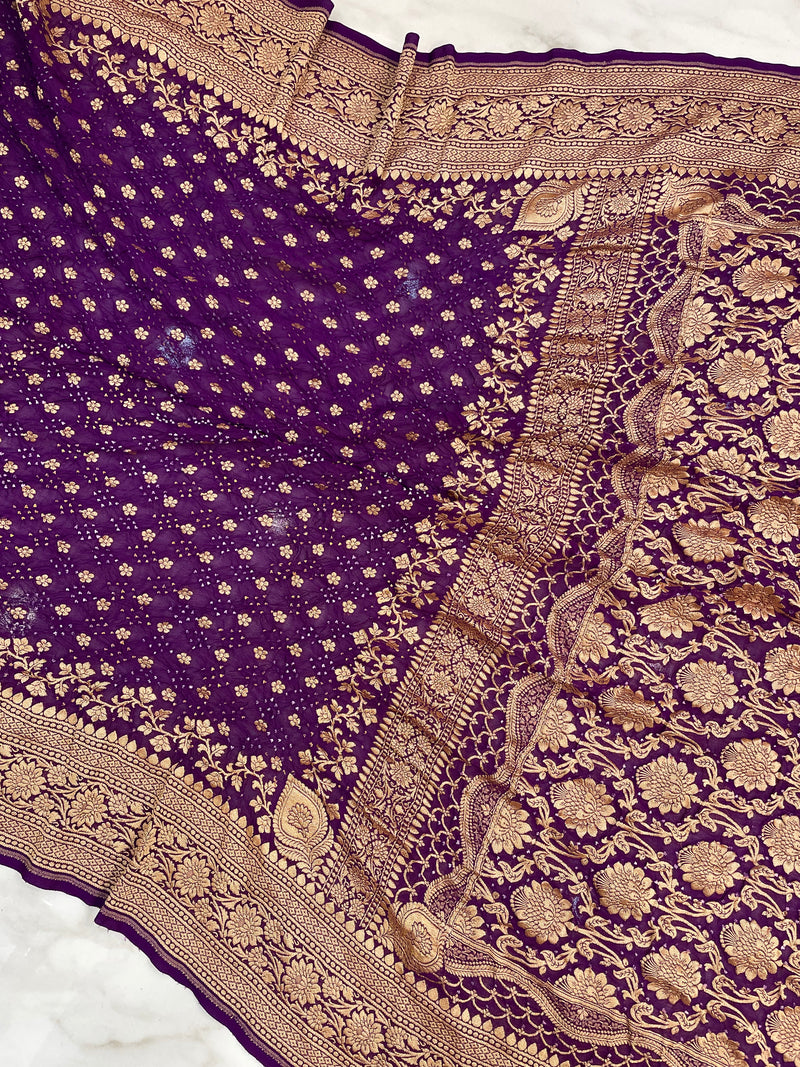 Purple Pure Georgette Banarasi Bandhej Handloom Saree - The Handlooms