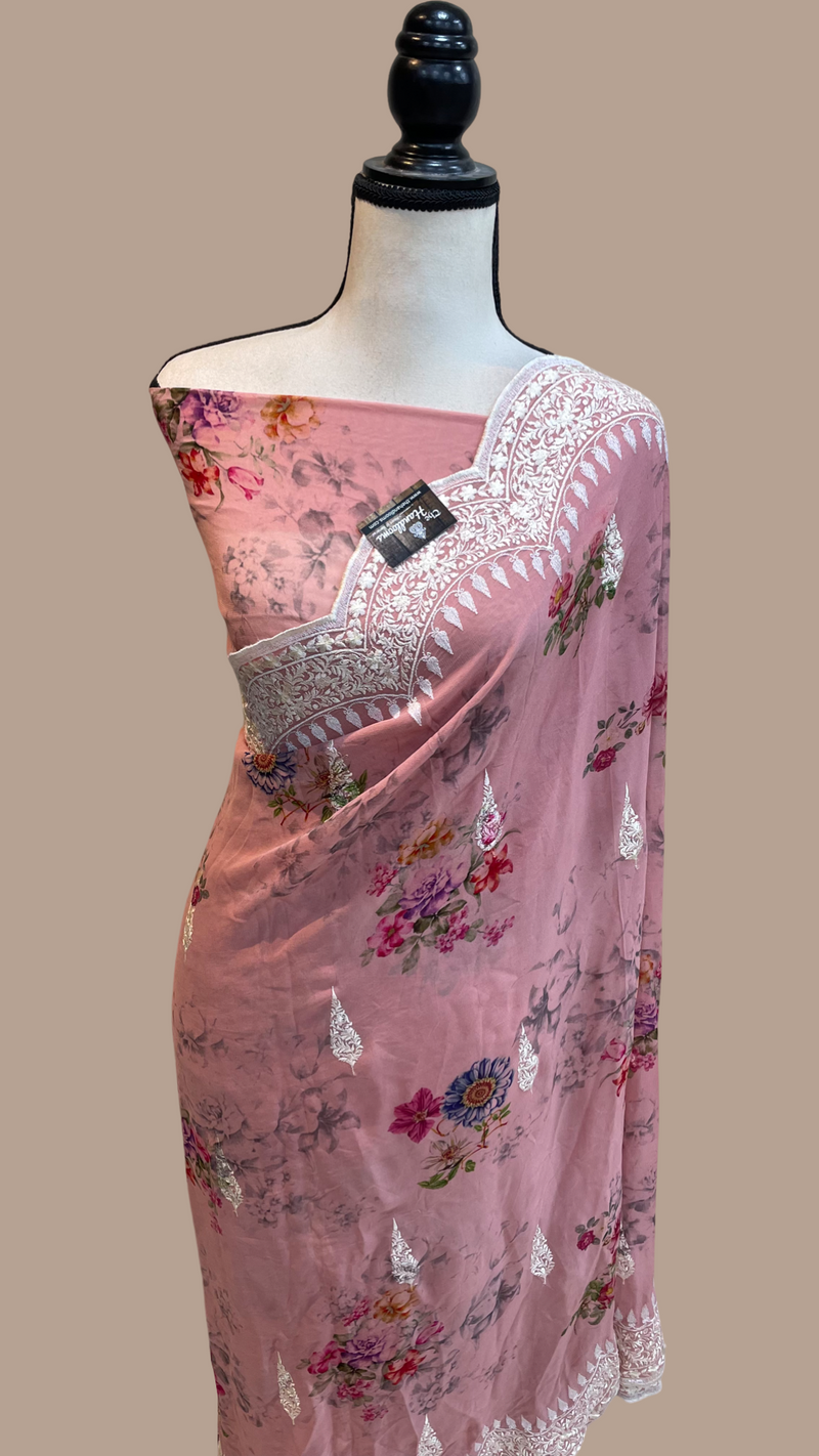 Pure Georgette  Digital Print with Chikankari Handloom Banarasi Saree - The Handlooms