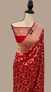 Red Pure Katan Silk Banarasi Handloom Saree - All over Sona Roopa Jaal work - The Handlooms