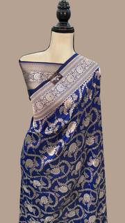 Blue Pure Katan Silk Banarasi Handloom Saree - All over sona roopa Jaal work - The Handlooms