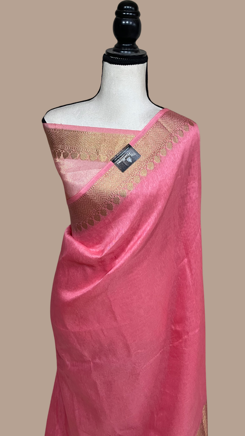 Pure linen Banarasi Saree - Strawberry - The Handlooms