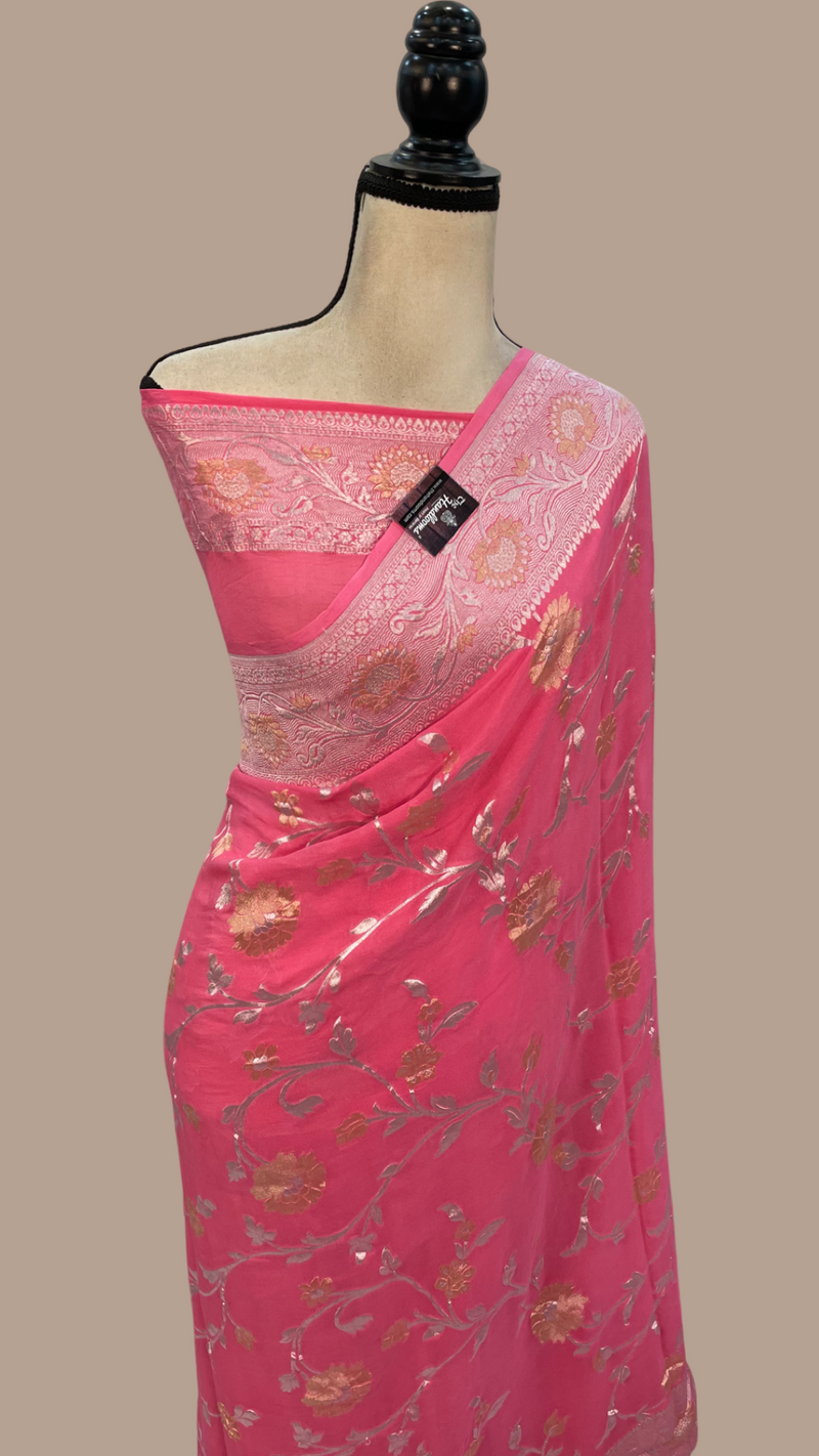 Pink Khaddi Georgette Handloom Banarasi Saree - All over Roopa Sona Jaal Work - The Handlooms