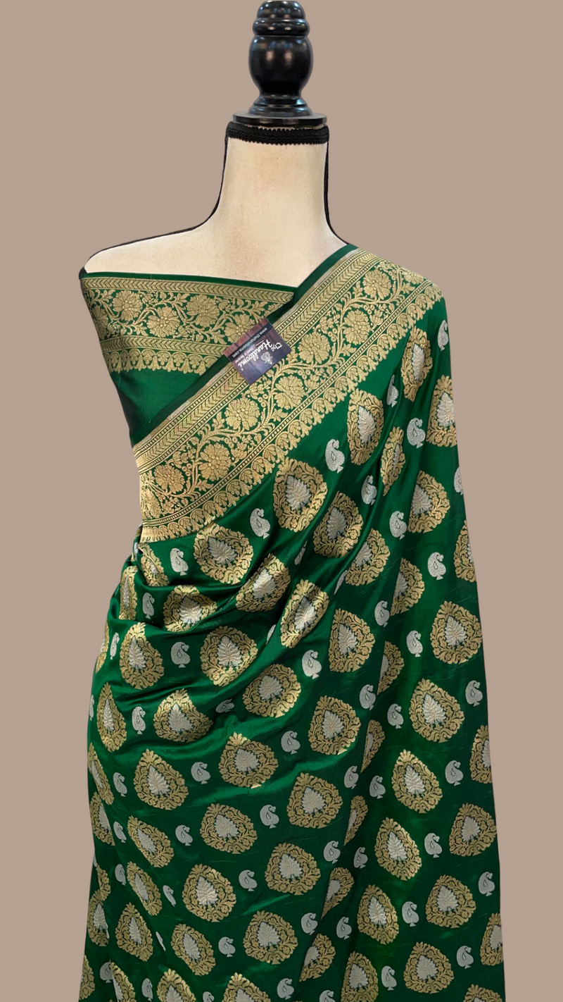 Green Pure Katan Silk Banarasi Handloom Saree - All over Sona Roopa motifs - The Handlooms