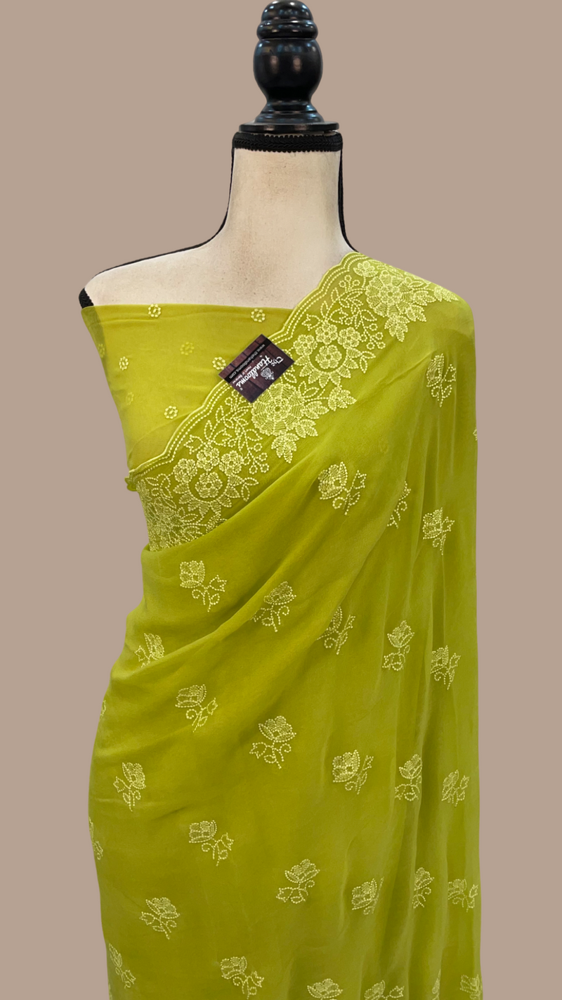 Pure Georgette Chikankari Handloom Banarasi Saree - The Handlooms