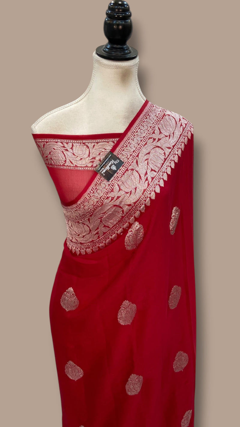 Red Pure Georgette Banarasi Handloom Saree