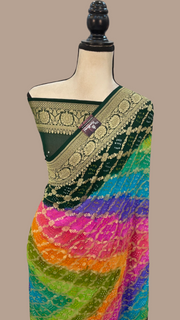 Pure Georgette Banarasi Bandhej Handloom Saree Multi shade - The Handlooms