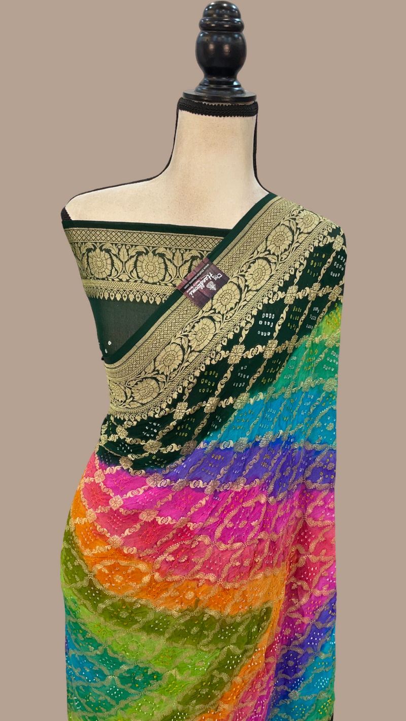 Pure Georgette Banarasi Bandhej Handloom Saree Multi shade - The Handlooms