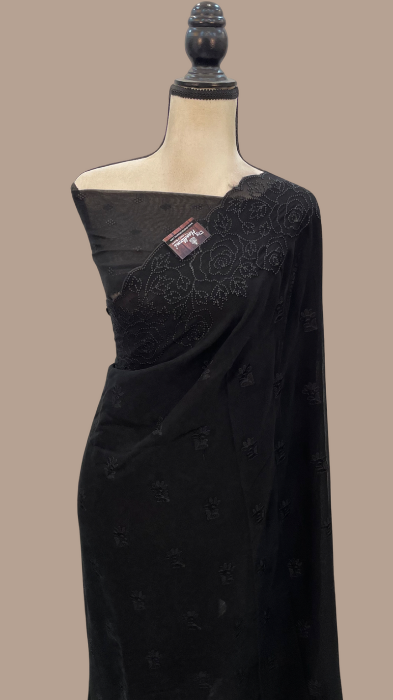 Pure Georgette Chikankari Handloom Banarasi Saree - The Handlooms