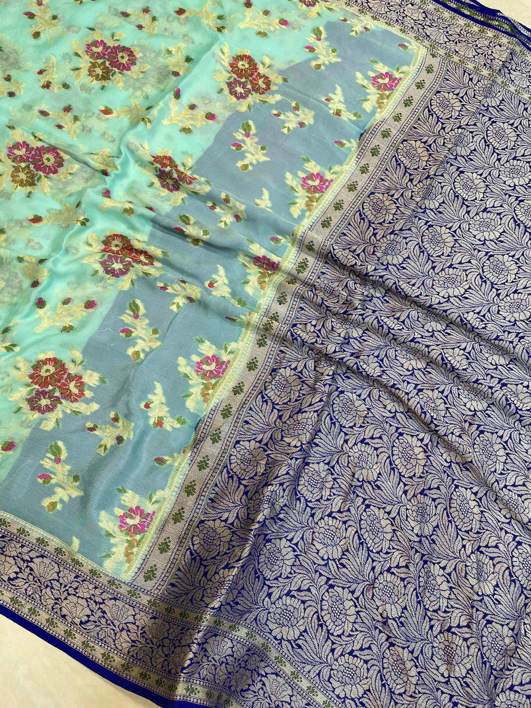 Turquoise Pure Chiffon Khaddi Banarasi Saree main image 0