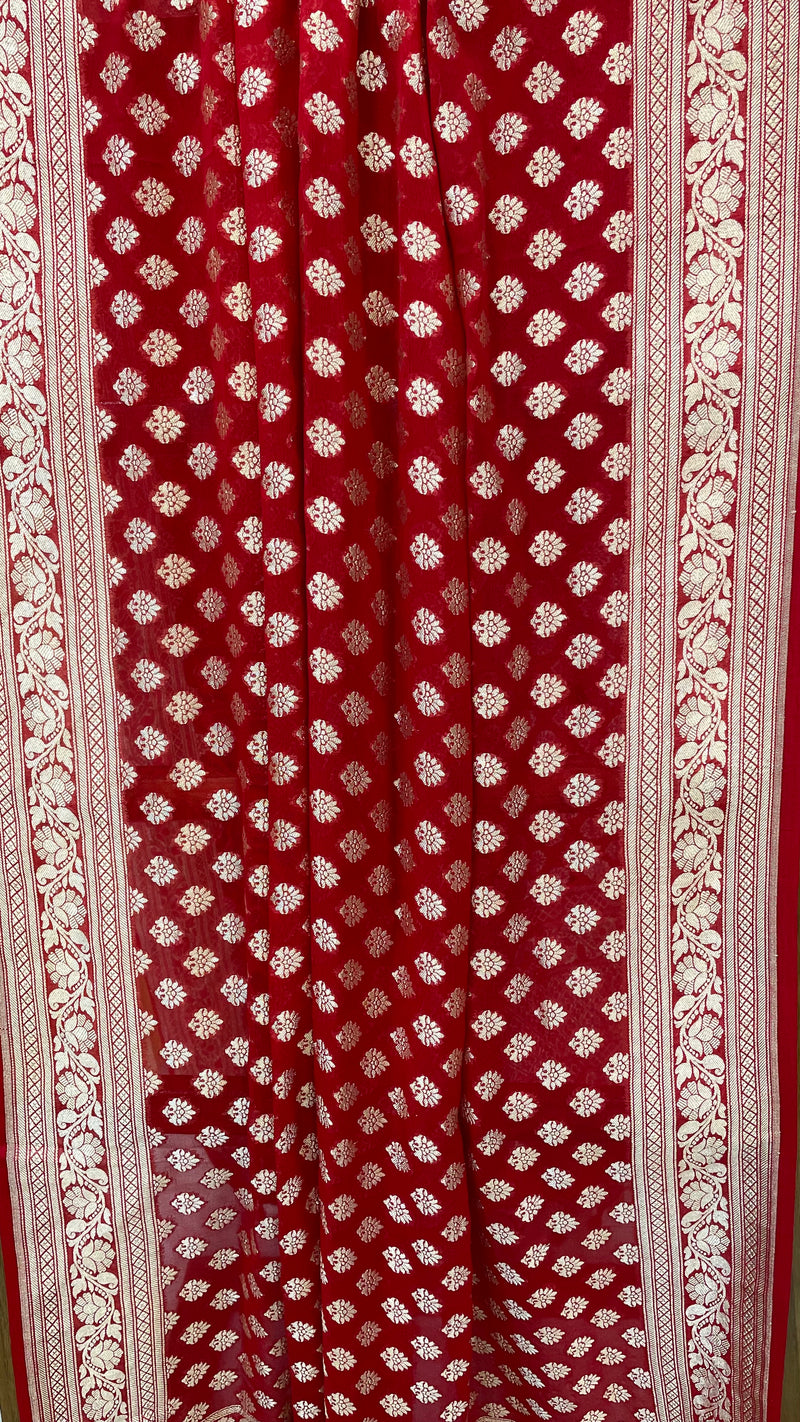 Red Pure Khaddi Georgette Dupatta - water zari - The Handlooms