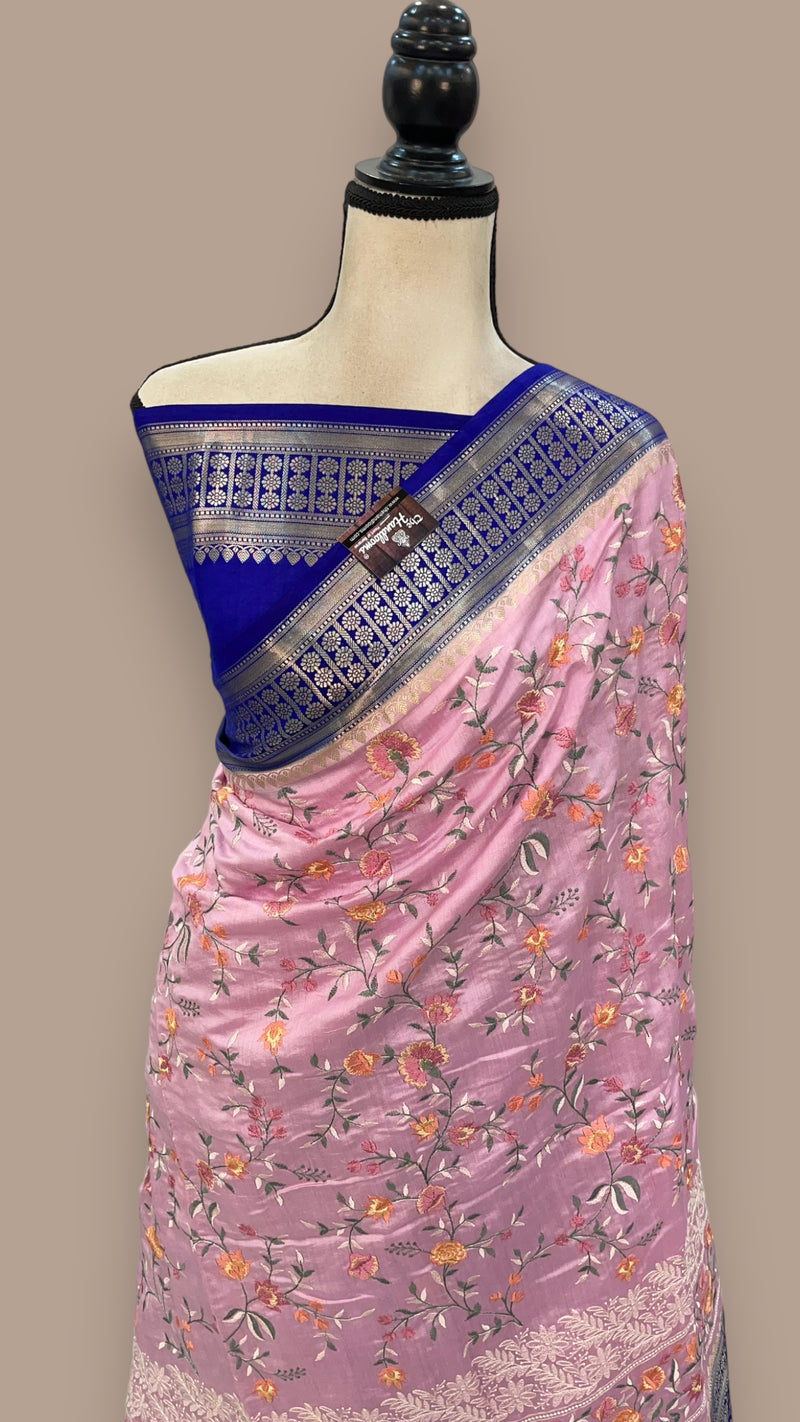 Pure Chiniya Silk Handloom Banarasi Saree with Chikankari - The Handlooms