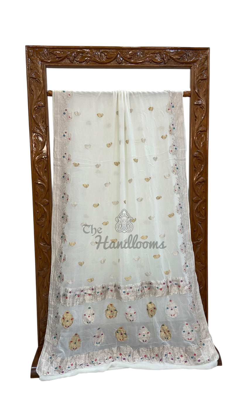 Handloom Banarasi Khaddi Georgette Saree | All-Over Sona Roopa Kadua Motifs & Meenakari