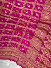 Hot Pink Pure Georgette Banarasi Bandhej Handloom Saree - The Handlooms