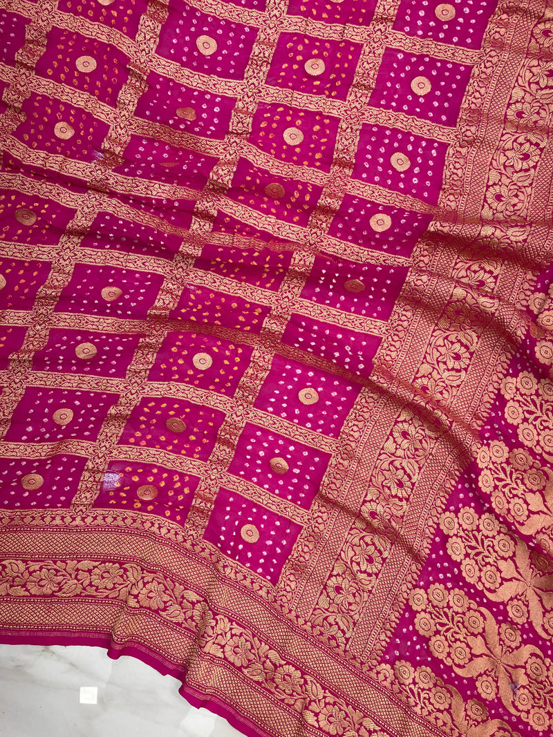 Hot Pink Pure Georgette Banarasi Bandhej Handloom Saree - The Handlooms