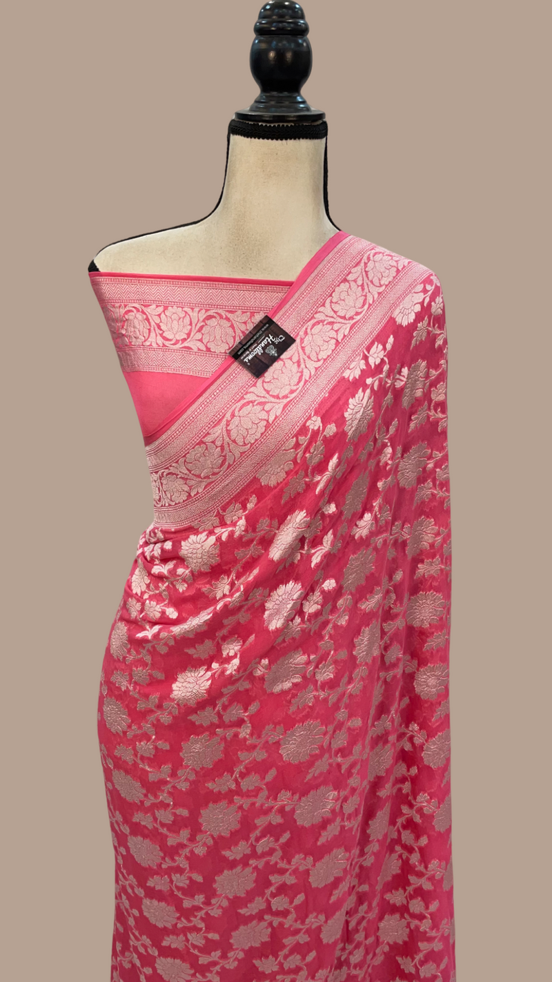 Pink Pure Khaddi Georgette Handloom Banarasi Saree - The Handlooms