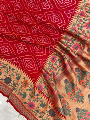 Pure Georgette Banarasi Bandhej Handloom Saree - with meenakari work - The Handlooms