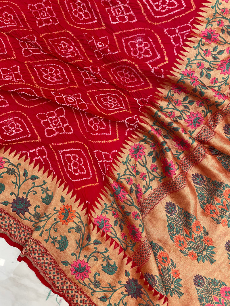 Pure Georgette Banarasi Bandhej Handloom Saree - with meenakari work - The Handlooms