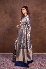 Navy Blue Pure Katan Silk Banarasi Handloom Saree - Tanchui Brocade - The Handlooms