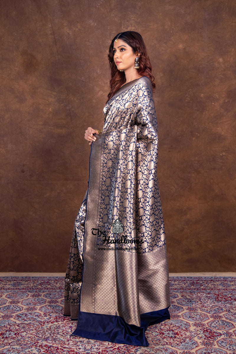 Navy Blue Pure Katan Silk Banarasi Handloom Saree - Tanchui Brocade - The Handlooms
