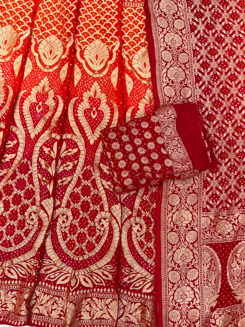 Pure Khaddi Georgette Bandhani Handloom Banarasi Lehenga - The Handlooms