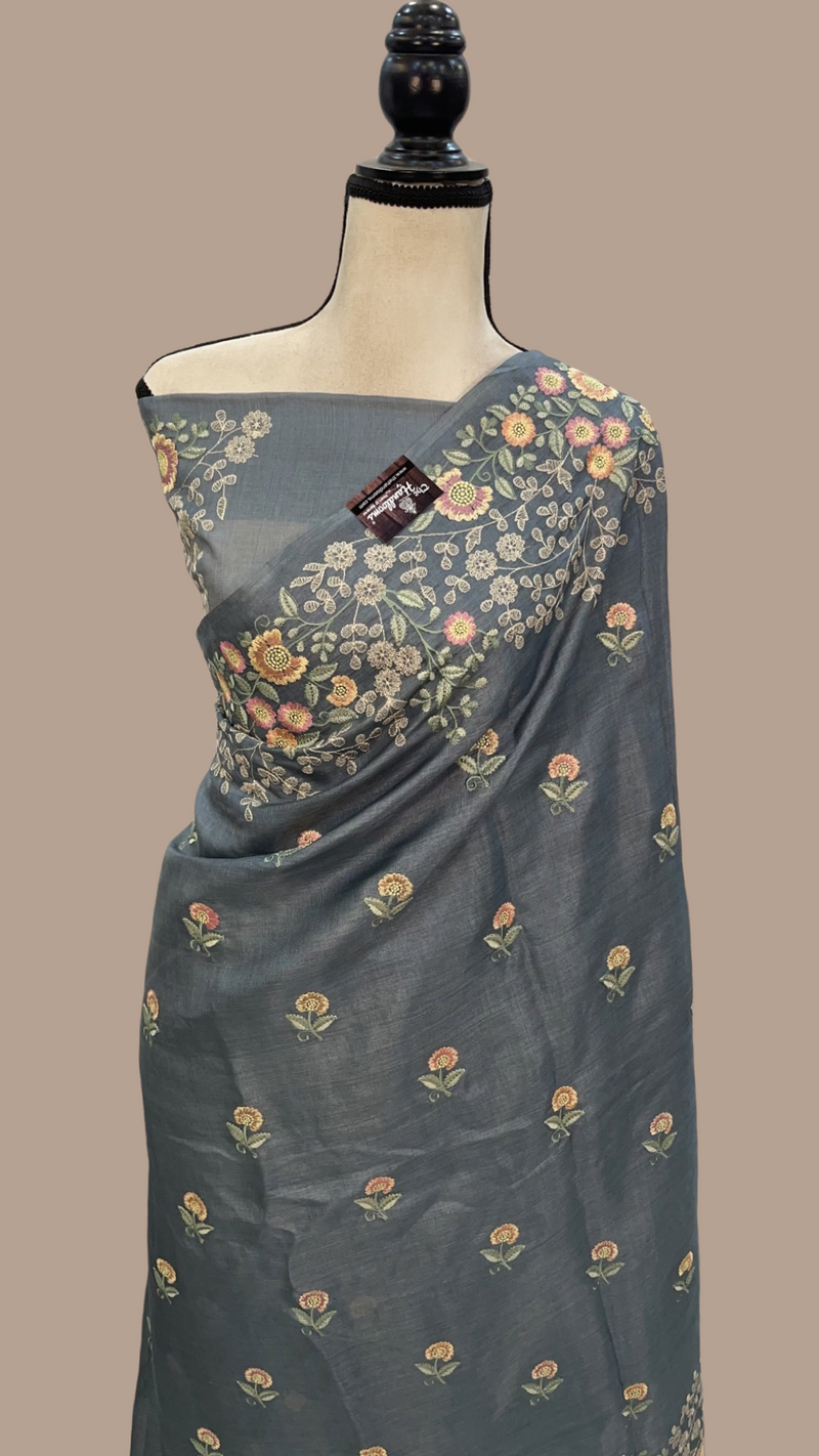 Tussar Silk Handloom Banarasi Saree With Chikankari - The Handlooms