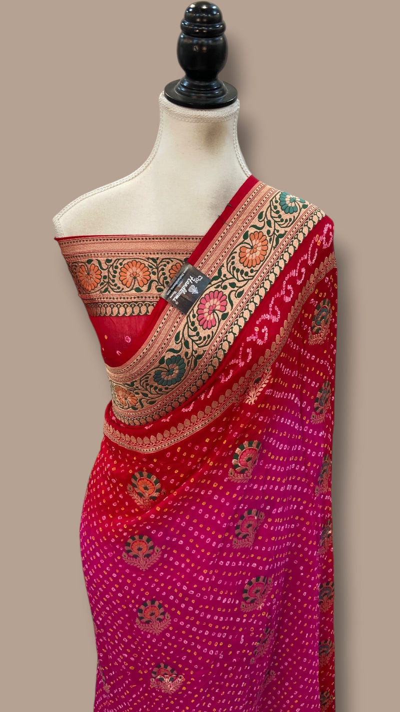 Pure Georgette Banarasi Bandhej Handloom Saree - Meenakari