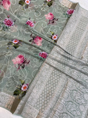Pure Georgette  Digital Print with Chikankari Handloom Banarasi Saree - The Handlooms