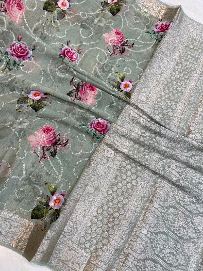Pure Georgette  Digital Print with Chikankari Handloom Banarasi Saree - The Handlooms