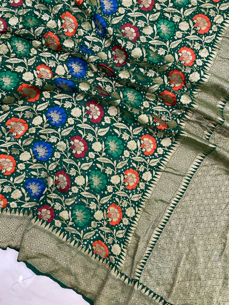Pure Georgette Banarasi Bandhej Handloom Saree - with meenakari work - The Handlooms