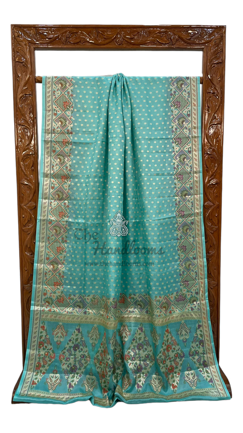 Turquoise Pure Tussar Silk Handloom Banarasi Saree - The Handlooms