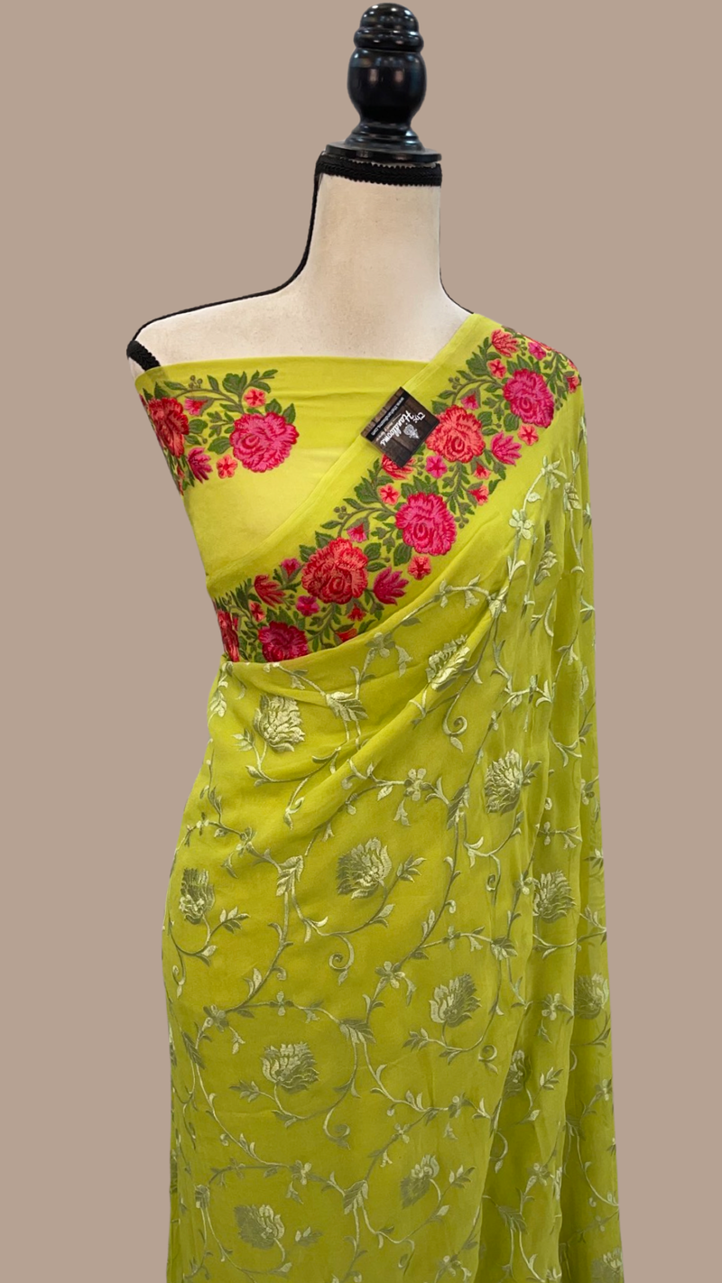 Pure Georgette Chikankari Handloom Banarasi Saree - The Handlooms