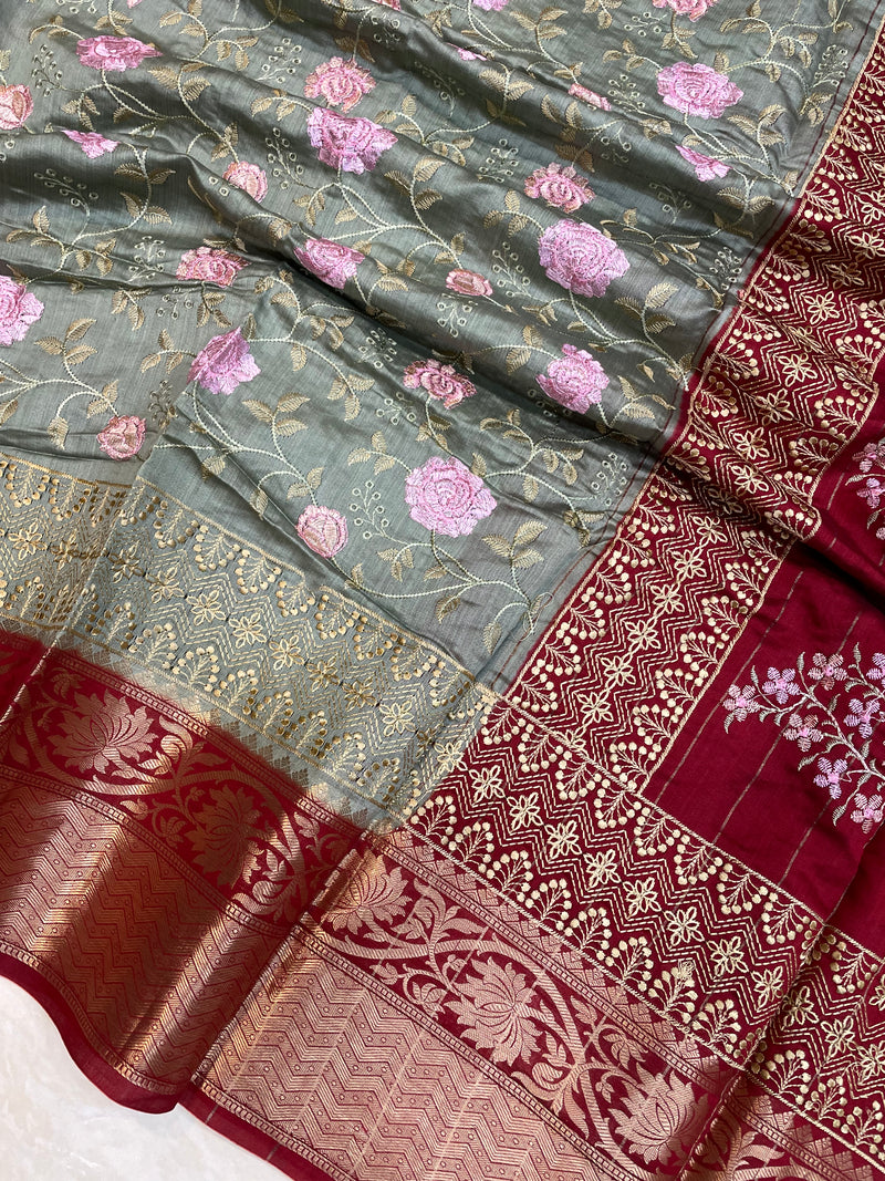 Pure Chiniya Silk Handloom Banarasi Saree With Chikankari - The Handlooms