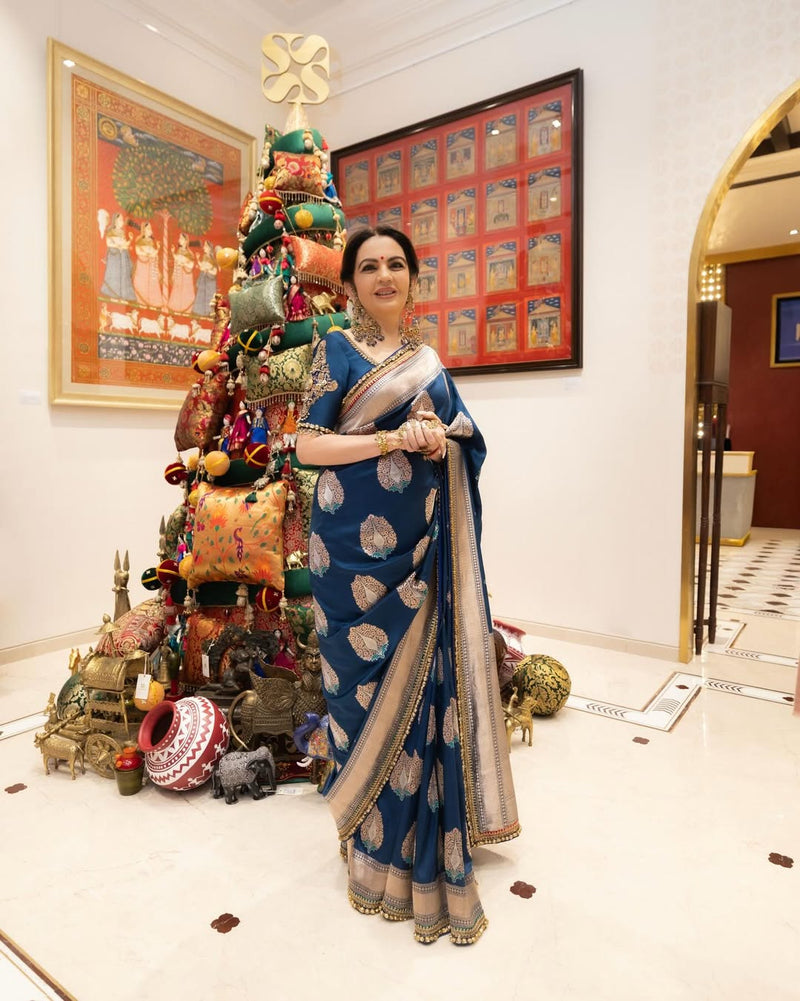 Nita Ambani Pure Katan Silk Banarasi Handloom Saree - All Over Boota With Zardosi Handwork