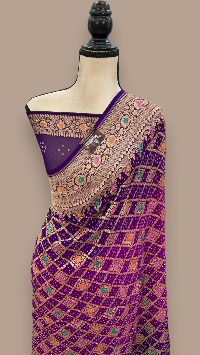 Pure Georgette Banarasi Bandhej Handloom Saree - with meenakari work - The Handlooms