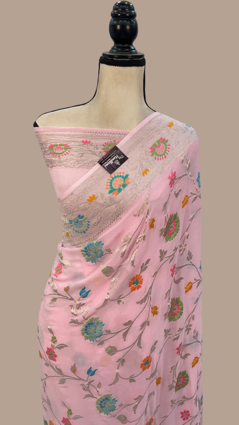 Khaddi Georgette Handloom Banarasi Saree - All over Jaal Work With Meenakari - The Handlooms