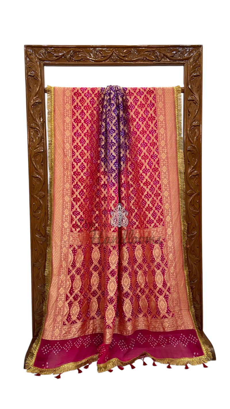 Pure Georgette Banarasi Bandhej Handloom Saree With LaceWork
