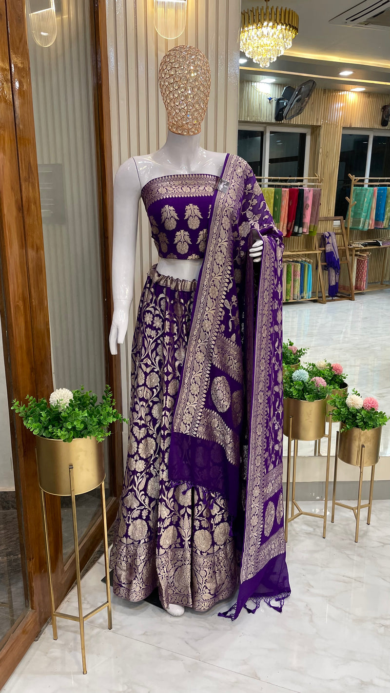 Purple Pure Khaddi Georgette Handloom Banarasi Lehenga - Stitched - The Handlooms