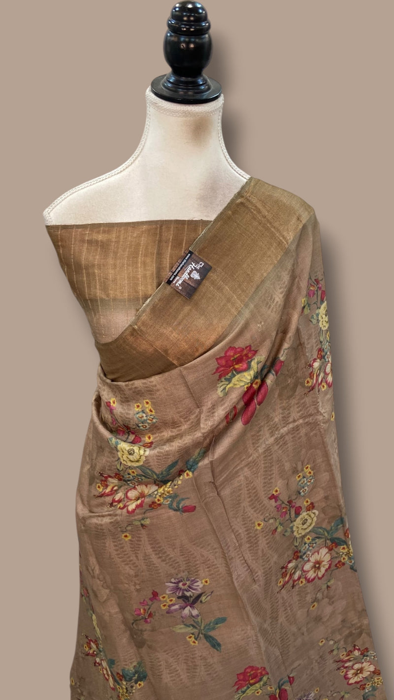 Pure Tussar Silk Handloom Banarasi Saree With Digital Print