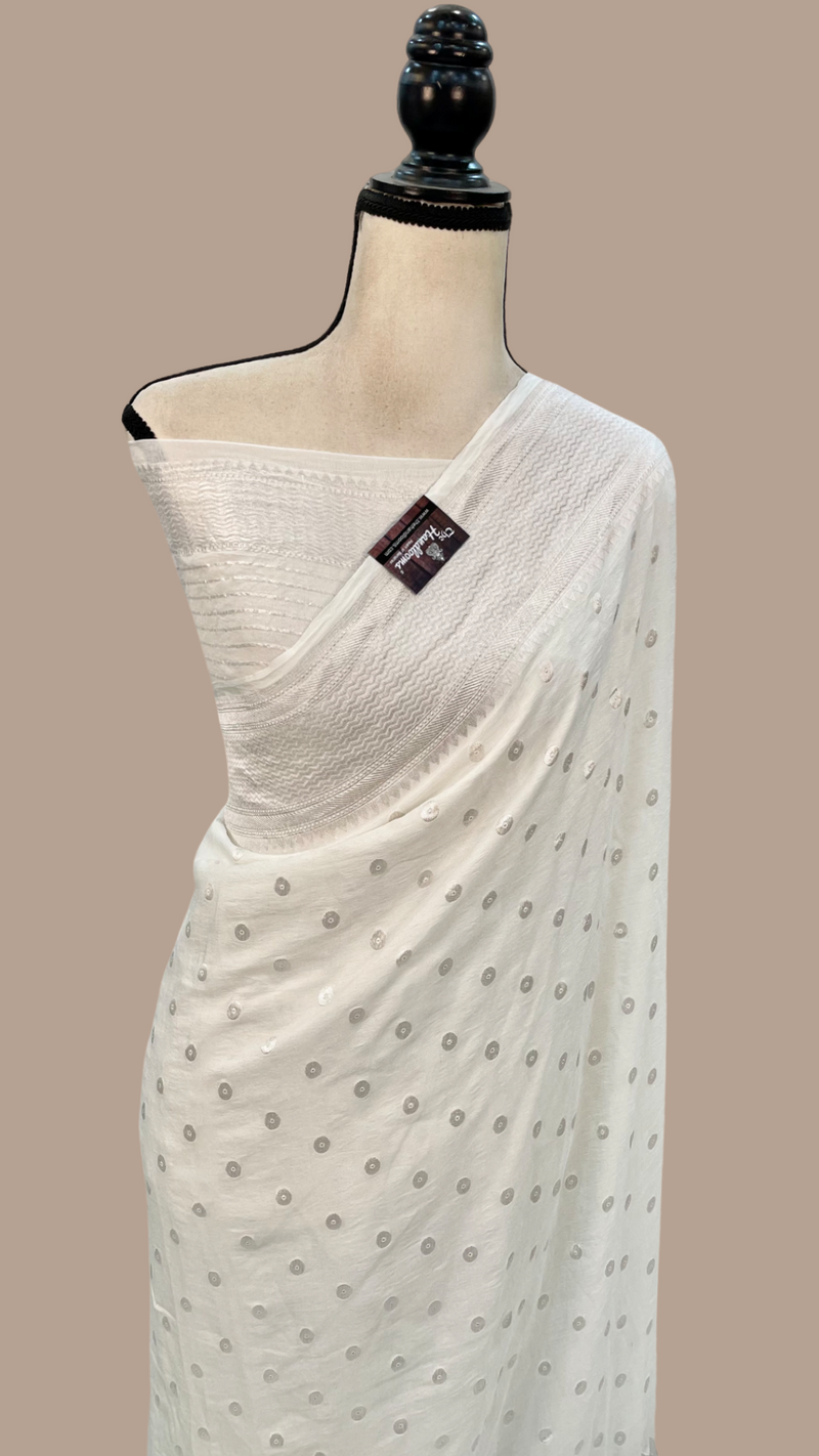 White Khaddi Georgette Handloom Banarasi Saree With Paithani border - The Handlooms