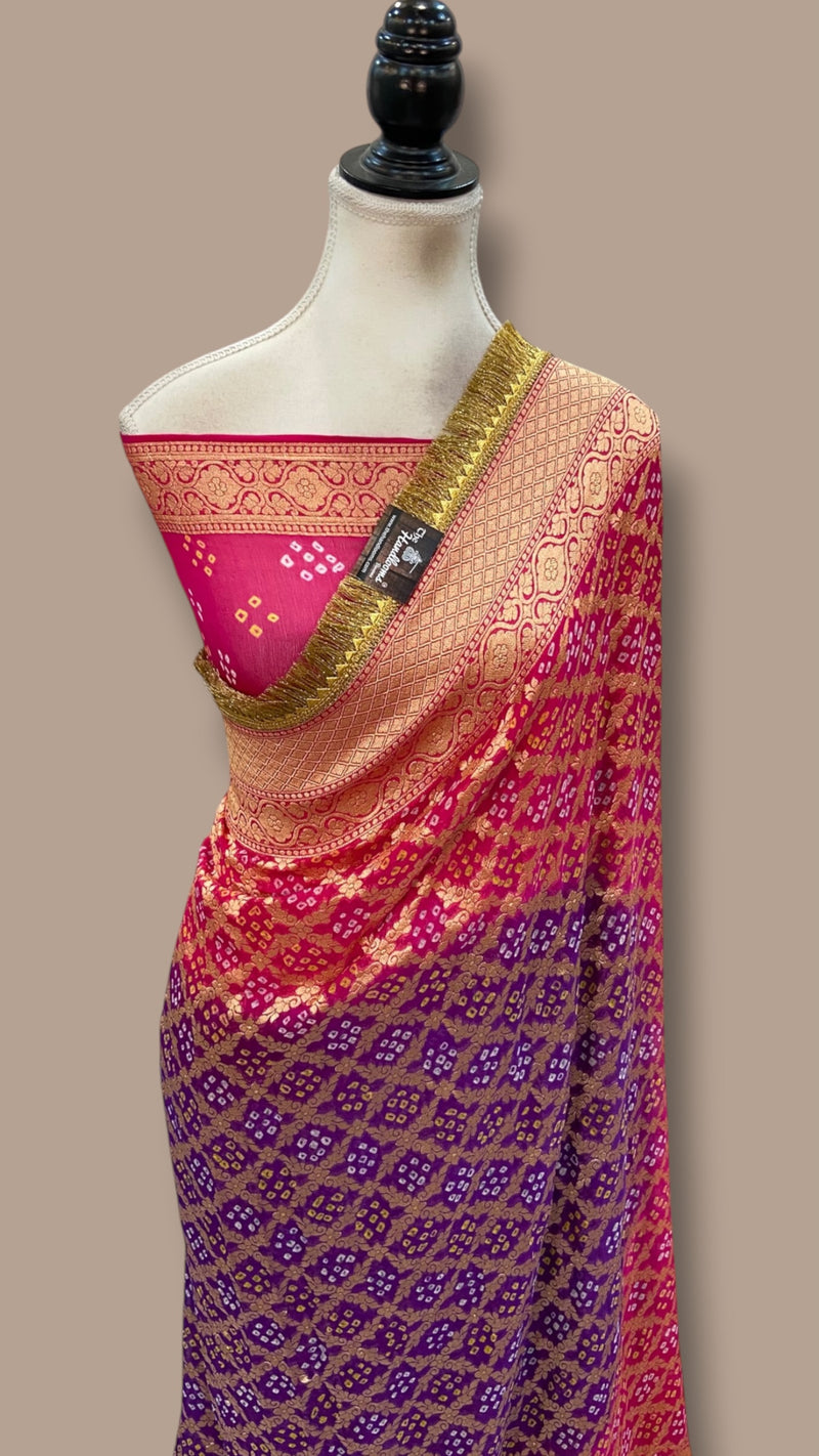 Pure Georgette Banarasi Bandhej Handloom Saree With LaceWork
