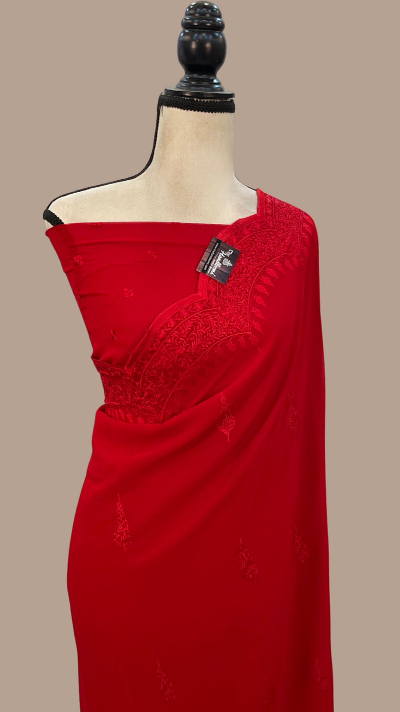 Pure Georgette Chikankari Handloom Banarasi Saree - The Handlooms