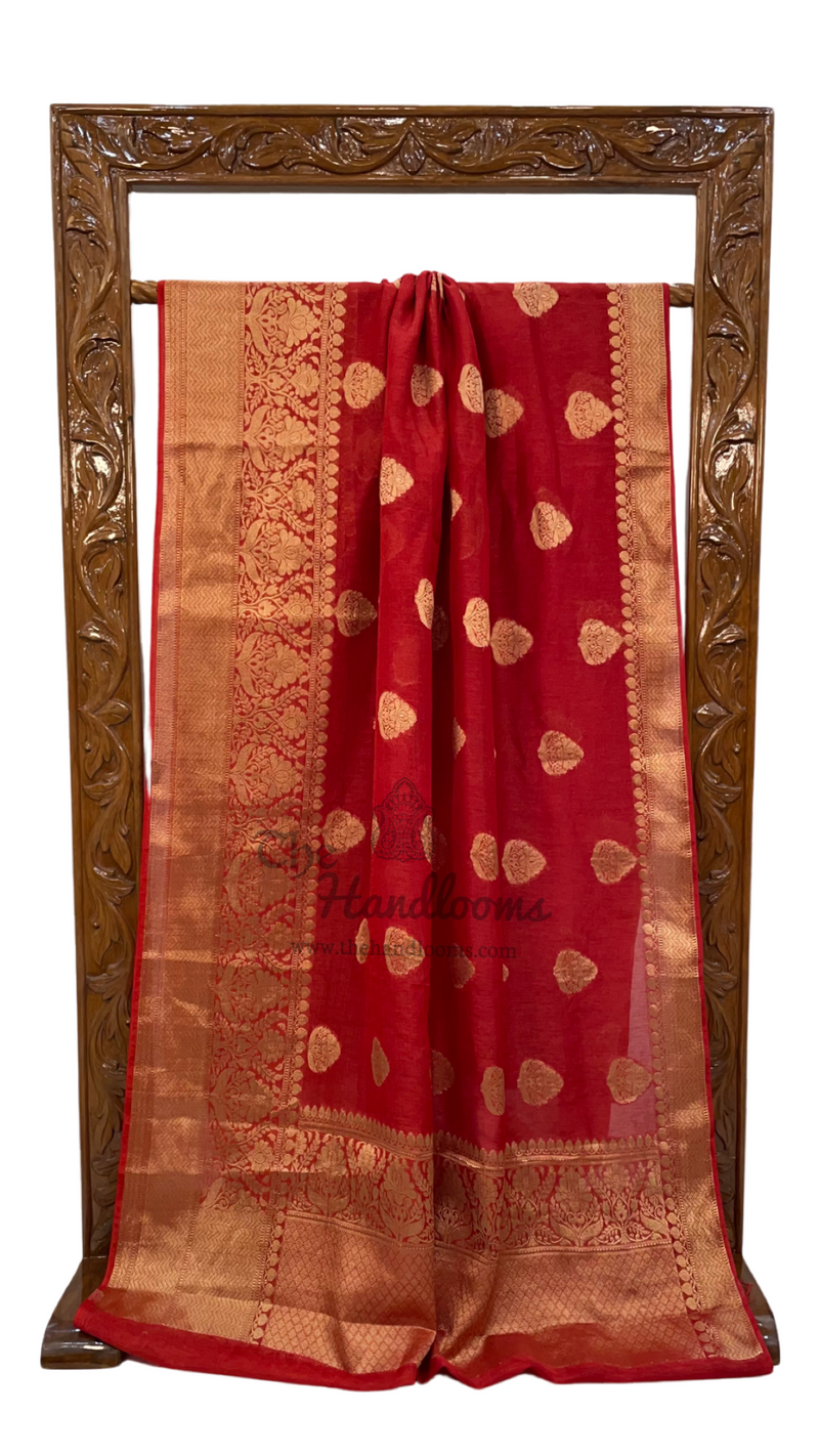 Red Pure Linen Banarasi Saree - The Handlooms