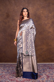 Navy Blue Pure Katan Silk Banarasi Handloom Saree - Tanchui Brocade - The Handlooms