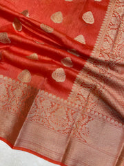Orange Pure Linen Banarasi Saree - The Handlooms