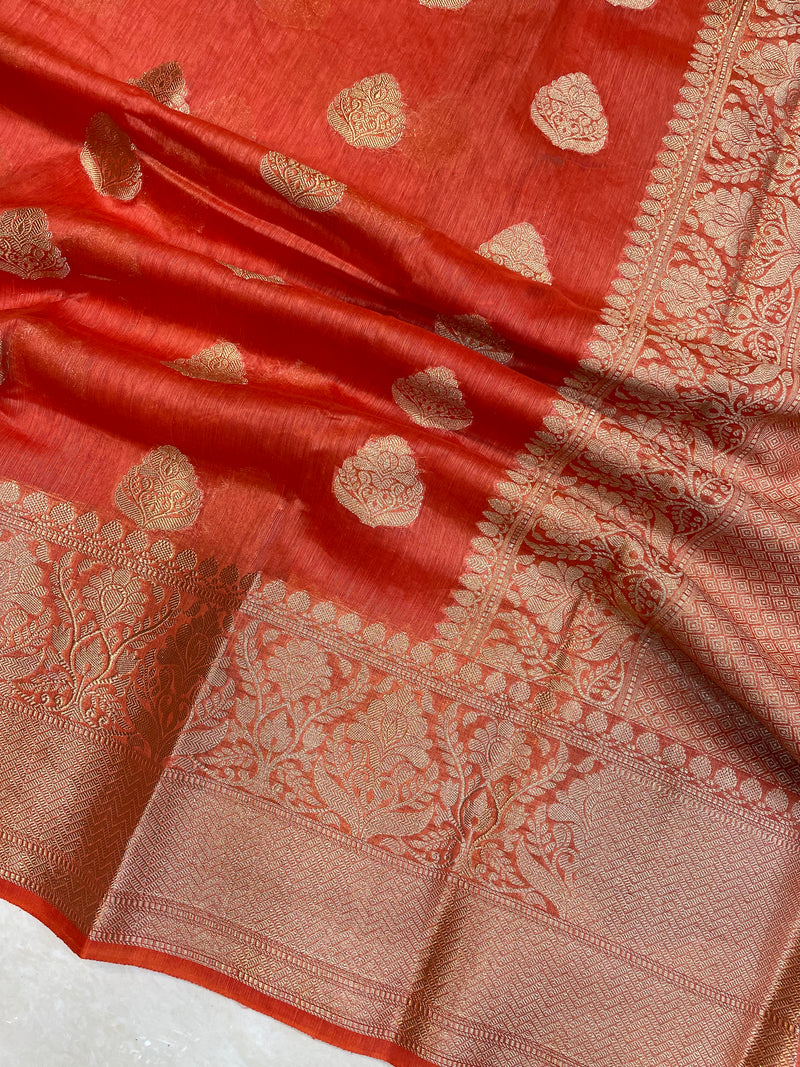 Orange Pure Linen Banarasi Saree - The Handlooms