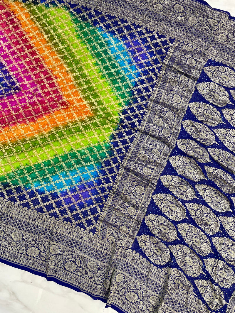 Pure Georgette Banarasi Bandhej Handloom Saree Multi shade - The Handlooms